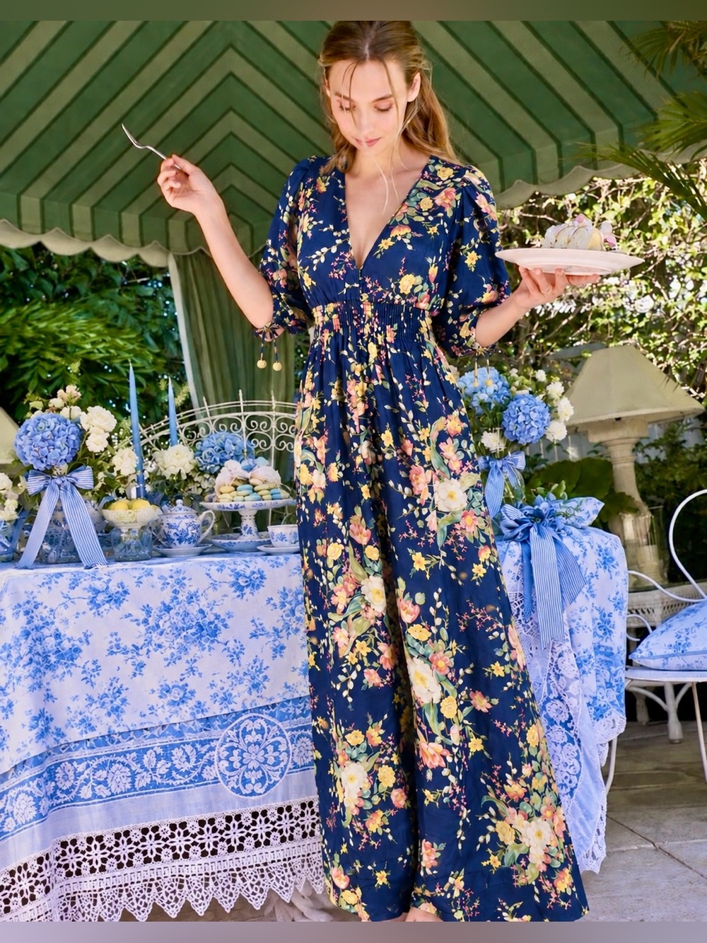 Zimmermann Zinnis Shirred Linen Floral Waist Puff Short Sleeve V Neck Midi Dress
